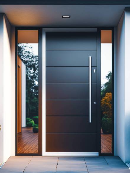 Modern door, metal and glass entryway to a house, Generative AI